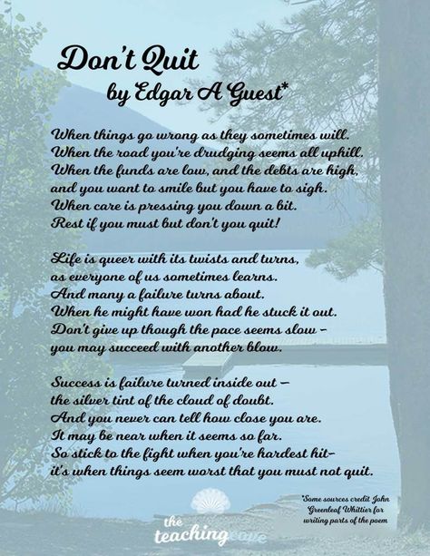 Don't-Quit-Poem-New-2 Poems About Dreams, Dont Quit Poem, Motivational Mondays, Poems In English, Motivational Poems, Meaningful Poems, Canmore Alberta, Teaching Printables, Give Up On Your Dreams