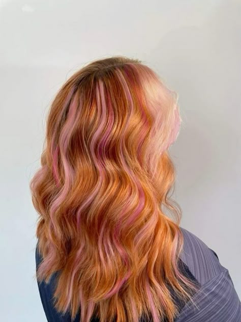 Red Hair With Blonde And Pink Highlights, Copper Hair With Highlights Blonde, Rooty Pink Hair, Ginger Hair With Fun Colors, Dyed Hair With Roots Showing, Ginger With Light Highlights, Blond Highlights In Red Hair, Pink Orange Blonde Hair, Ginger Brown And Blonde Hair