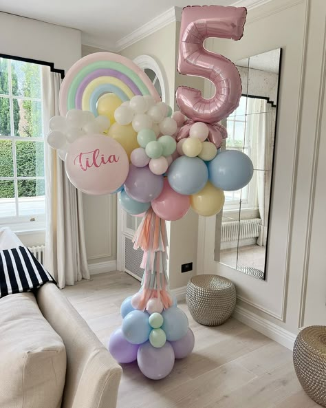 Pastel Themed Birthday Party Decorations, Birthday Hacks, Balloon Training, Kids Birthday Party Cake, Balloon Tower, 1st Birthday Balloons, Rainbow Unicorn Party, Rainbow Birthday Cake, Pastel Birthday