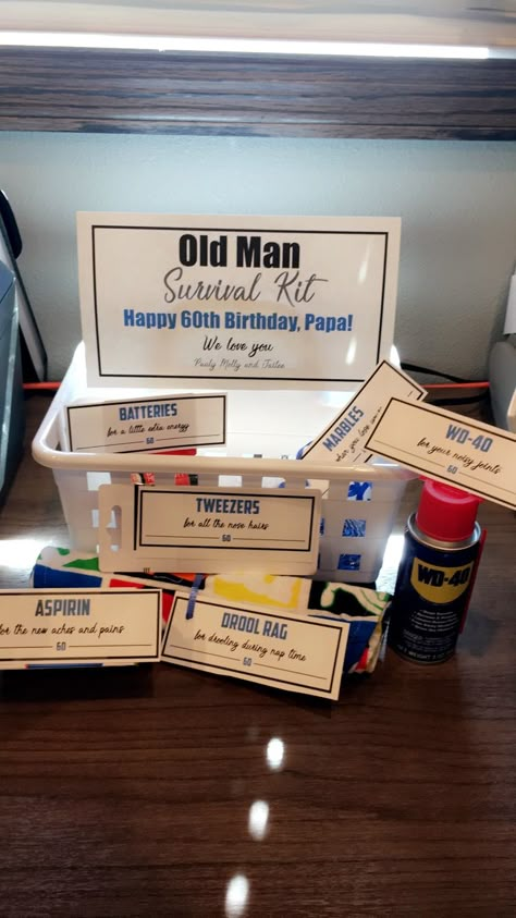 Old Man Survival Kit WD40, Tweezers, drool bib, marbles, aspirin, batteries 50th Birthday Survival Kit For Him, Gag Gifts 50th Birthday, 50 Survival Kit Birthdays, 60th Gifts For Men, 60 Survival Kit, 40th Birthday Survival Kit Men, 60th Survival Kit, Old Man Survival Kit, 65 Birthday Gift Ideas For Men