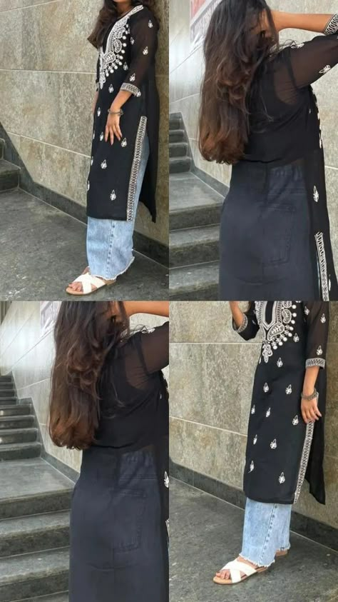 Chikankari kurti pairing with baggyy Chicken Kari Kurti Style, How To Style A Black Kurti, Chikan Kari Kurti With Jeans, Lakhnavi Kurti With Jeans, Black Chikankari Kurti With Jeans, Black Kurti With Jeans Outfit, Cargo With Kurti, Black Chikankari Kurta Aesthetic, Chicken Kurti With Jeans