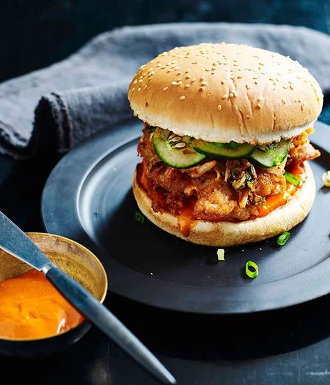 Korean fried chicken burger recipe - Dan Hong | Gourmet Traveller Fried Chicken Burger Recipe, Burger Dinner, Chicken Burger Recipe, Fried Chicken Burger, Braised Chicken Breast, Steak Sandwiches, Gourmet Chicken, Chicken Burgers Recipe, Chefs Recipes