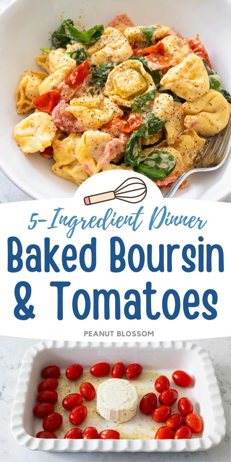 Toss cherry tomatoes and a Boursin cheese round into a dish and bake it in the oven to make a simple pasta sauce for tortellini or other short pasta shape like penne or farfalle. A handful of baby spinach adds color and more veggies for a dinner you'll love to make on a busy weeknight. Cheese And Tomato Bake, Tortellini Bake With Boursin & Tomato, Tortellini With Cherry Tomatoes, Cherry Tomato Pasta Boursin, Boursin Cheese Pasta Tortellini, Spinach And Cherry Tomato Pasta, Cherry Tomato And Boursin Cheese, Healthy Baked Tortellini, Dinner Cherry Tomatoes