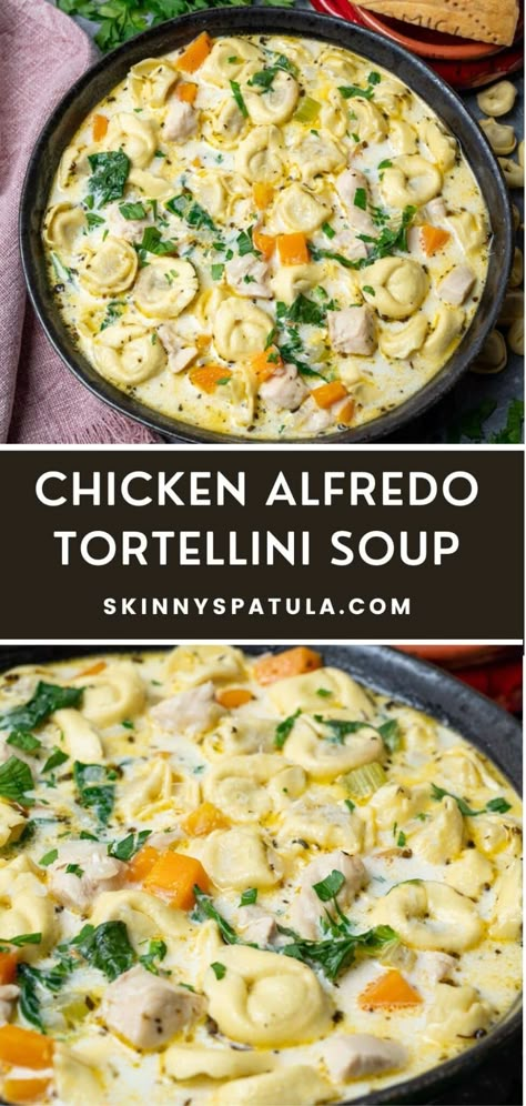 Chicken Alfredo Tortellini Soup – Skinny Spatula Chicken Spinach Tortellini Soup Crockpot, Chicken Alfredo Tortellini Soup Crockpot, Chicken Alfredo Tortellini Soup Recipe, Tortellini Soup With Chicken Broth, Soup Tortellini Chicken, Tuscan Chicken Tortellini Soup Crockpot, Chorizo Tortellini Soup, Alfredo Soup Tortellini, Pioneer Woman Recipes Chicken Tortellini Soup