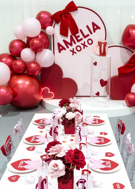 Issue 21: Love and bows party magazine shoot Red Heart Party Theme, Xoxo Birthday Party Ideas, Love Themed Birthday Party, Valentines Day Themed Party, Bows Theme Birthday Party, Valentines Themed Engagement Party, Birthday Valentines Theme, Cupid Party Theme, Heart Party Theme