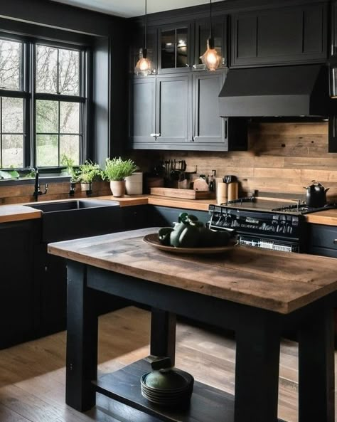 Black Cabinets With Shiplap Walls, Dark Shiplap Kitchen, Black And White Cabinets With Butcher Block, Black Kitchen Cabinets Farmhouse Style, Wood Countertops Black Cabinets, Black Farmhouse Cabinets, Wood Cabinets With Black Backsplash, Black Cabinets Butcher Block Countertops, Black Cabinets With Butcher Block Countertops