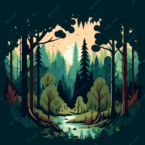 Vector Forest Illustration, Forest Cute Drawing, Forest Vector Art, Nature Themed Paintings, Forest Illustration Trees, Forest Trees Drawing, Diy Forest Mural, Forest Drawing Ideas, Forest Art Drawing