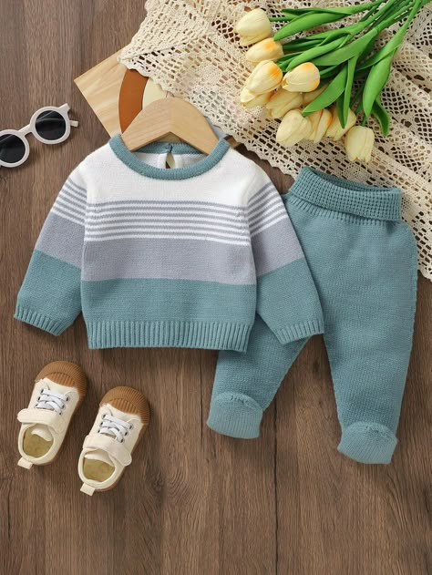 Baby Boy Colorblock Striped Sweater & Knit Pants Green     Striped Pants Medium Stretch  Baby Boys Clothing, size features are:Bust: ,Length: ,Sleeve Length: Baby Boy Knitting Patterns Free, Kids Sweater Pattern, Boys Knitting Patterns Free, Pants Embellished, Boys Knit Sweaters, Kids Knitting Patterns, Baby Boy Sweater, Baby Boy Knitting Patterns