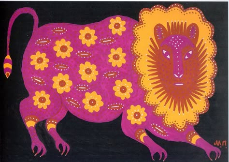 Young Lion - Maria Primachenko Maria Primachenko, Folk Drawing, Maria Prymachenko, Ukrainian Folk Art, Intuitive Art, Art Whimsical, Ukrainian Art, Art Et Illustration, Art Brut