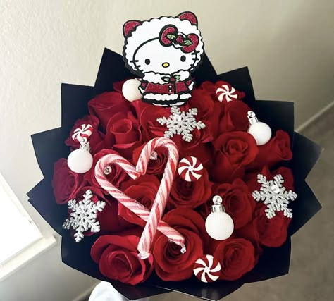 Xmas Flower Bouquet, Hello Kitty Christmas Bouquet, Red Christmas Bouquet, Hello Kitty Bouquet Ribbon, Christmas Eternal Bouquet, Christmas Flower Bouquet Gift, Christmas Bouquets Ideas, Diy Christmas Bouquet, Christmas Ribbon Bouquet