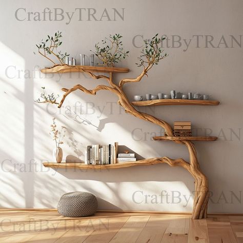 Tree Branches Wall Bookshelf Decorations Floating Mid Century Bookcase Custome Home Decor - Etsy Unique Ideas For New House, Wooden Tree Wall Decor, Wall Tree Bookshelf, Forestcore Interior Design, Floating Shelves With Plants Office, Tree Branch Plant Stand, Natural Design Elements, Creative Home Design Ideas, Modern Natural Home Design