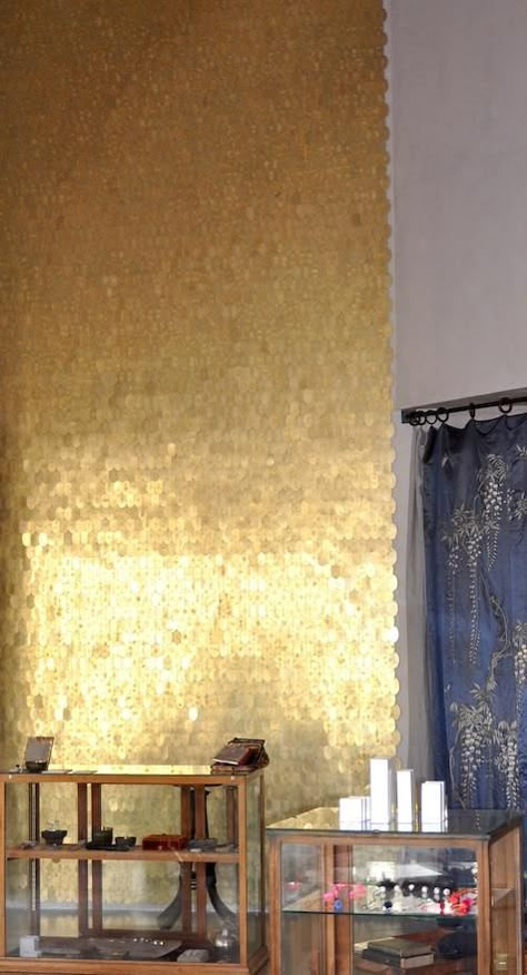 tanov brass wall Sequin Wall, Surf Shack, Gold Wall, Gold Walls, Office Spaces, Wallpaper Wall, Wall Treatments, Gold Paint, All That Glitters