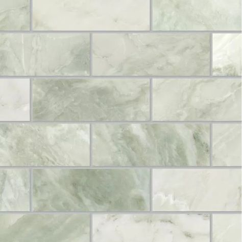 Satori Tereno Verde Brick 12-in x 12-in Polished Natural Stone Marble Brick Floor and Wall Tile (... | Lowe's Sage Green Backsplash Kitchen, White Cabinets Green Backsplash, Green Patterned Tile, Sage Green Bathroom Tiles, Green Kitchen Tiles Backsplash, Light Green Bathroom Ideas, Bathroom Tile Floor Ideas, Green Floor Tile, Interiors 2024