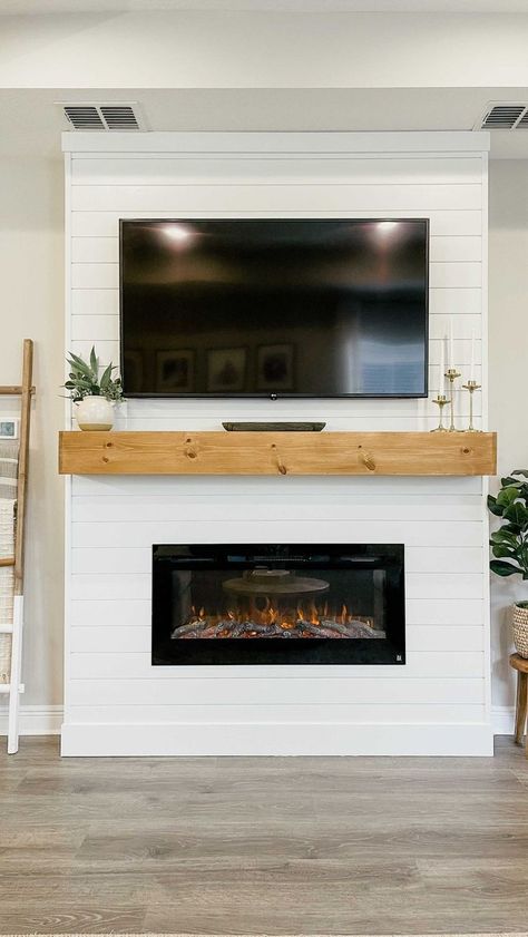 Pin on home Christmas Fireplace Mantle Decorations, Fireplace Mantle Decorations, Christmas Fireplace Mantle, Diy Shiplap Fireplace, Built In Electric Fireplace, Built In Shelves Living Room, Build A Fireplace, Fireplace Tv Wall, Fireplace Built Ins