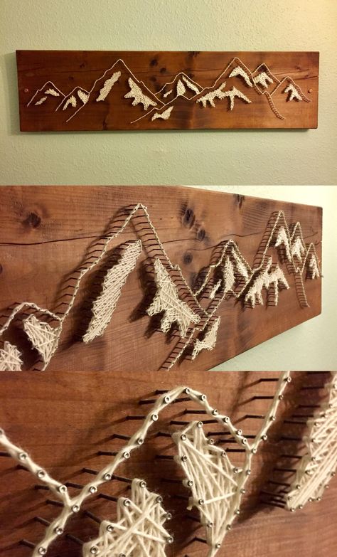 #stringart #mountain #diy Mountain Diy Craft, Nail And Yarn Art Designs, Nail And String Wall Art, Nail And String Art Mountains, Wood And Nail Art, Wall String Art, 4 H Project Ideas Unique, Mountain Art Diy, Diy Mountain Wall Art