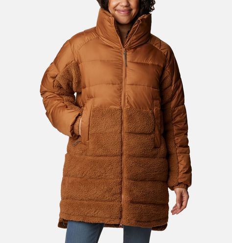 Women's Leadbetter Point™ Long Jacket | Columbia Sportswear Brown Puffer Jacket, Outdoor Socks, Brown Puffer, Mixed Media Design, Long Jacket, Women Men Shoes, Black Friday Shopping, Columbia Sportswear, Shopping Trip