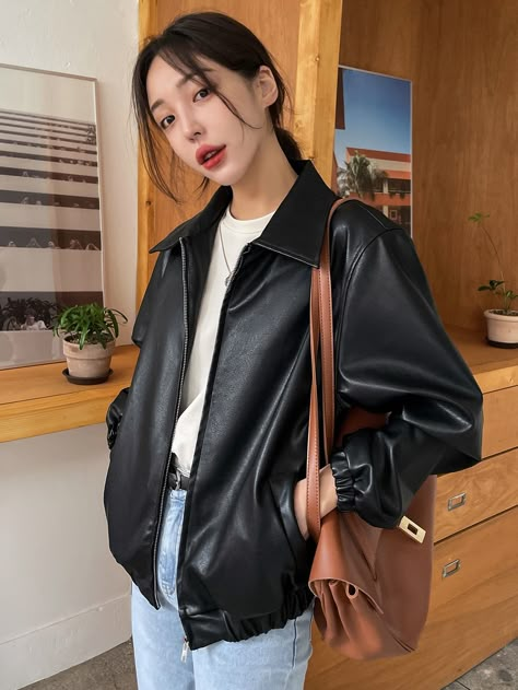 DAZY Slant Pockets PU Leather Jacket | SHEIN Jaket Motor, Jacket Outfit Women, Pu Leather Jacket, Stil Elegant, Leather Jacket Outfits, Casual Vest, Style Noir, Brown Jacket, Brown Leather Jacket