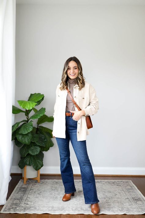 Winter Outfits 2024 Casual, Boot And Jeans Outfit, Waffle Shacket Outfit, 2024 Autumn Outfits, Bootcut Jeans Outfit Winter, Evereve Outfits, Winter Weather Outfits, Fall And Winter Boots, Outfits For Cold Weather