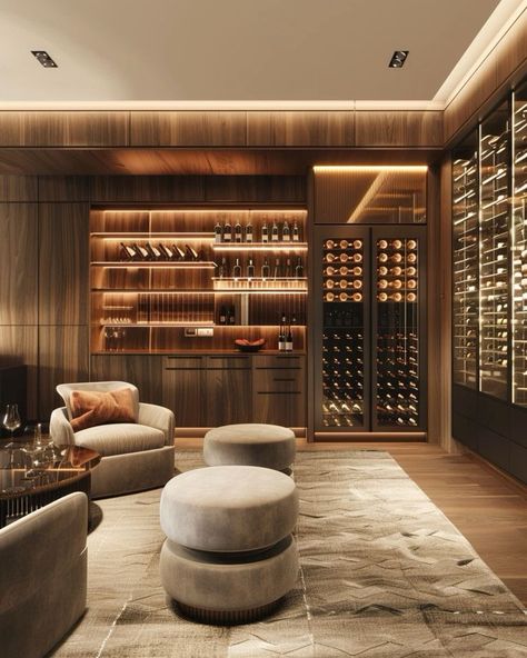 Living Room Wine Cellar, Wine Wall Next To Fireplace, Modern Classic Interior Design Luxury, Wine Bar Interior Design, Modern Wine Room, Wine Cellar Room, Modern Wine Cellar, Wine Cellar Ideas, Wine Cellar Wall