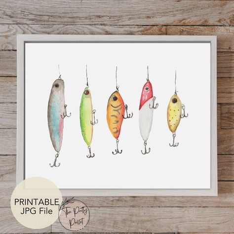 Fishing Lure Watercolor, Fishing Watercolor Easy, Fish Prints Art, Watercolour Fish Easy, Fishing Watercolor Painting, Father’s Day Watercolor Painting, Fun Watercolor Paintings, Watercolor Fish Simple, Watercolor Cards For Men