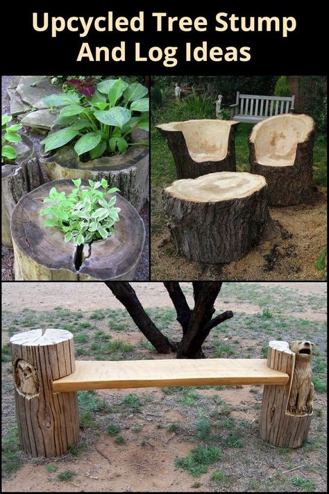 Here are a few different ways you can use logs and tree stumps as accents to your garden or outdoor area. Feeling inspired? Furniture Made From Tree Logs, Tree Trunk Wood Projects, Ideas For A Tree Stump, Things To Do With Tree Trunks, Crafts With Logs, Wood Stump Ideas, Diy Tree Stump Ideas, Tree Log Ideas, Log Planter Ideas