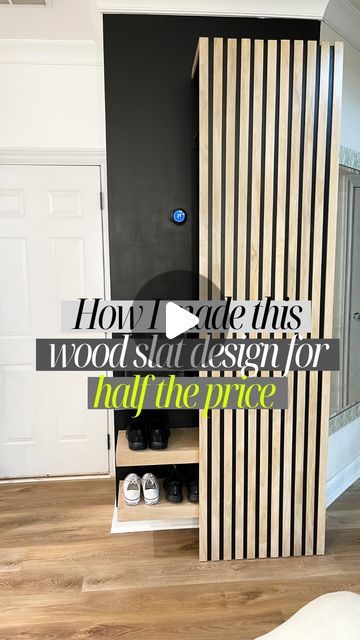 Stephanie Daniel | DIY & Home Decor on Instagram: "If you’ve been following me for a while, then you know that I LOVE wood slat wall design.   However, they can get expensive for large areas.   So, I came up with the idea of ripping 1×2×8 pine in half when I was building my coat rack area.   It ended up costing me half the price for this DIY slat wall design.   If I plan on painting the slats instead of staining them, I use primed pine, which is even cheaper than select pine.   I know lots of people use plywood, but seeing the unfinished edge of plywood bothers me, so I prefer using solid wood." Wood Slat Coat Rack Wall, Diy Wall Slat Wall, Wood Slat Wallpaper Ideas, Wood Slat Corner Wall, Wood Slat Wall With Coat Hooks, Easy Slat Wall Diy, Slat Half Wall, Partial Wood Accent Wall, Wall Plywood Design