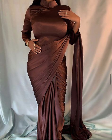 Brown Satin Saree, Brown Saree, Eid Look, Saree Drapes, Pleated Saree, Chinese Cheongsam, Satin Saree, Brown Long Sleeve, Brown Satin