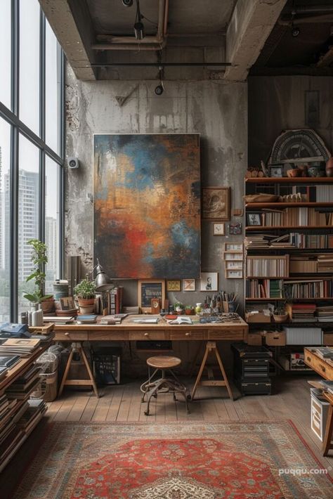 Industrial Art Studio, Bohemian Office Space, Art Studio Space, Art Studio Room, Artist Loft, Art Studio Design, Artistic Furniture, Artistic Space, Dekor Diy