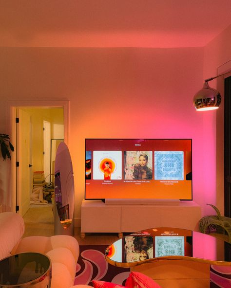 Dream apartment: night time edition✨ Comment “lighting” for the link to the tv light strips I’m using in my apartment.💡 #homedecor #apartmentdecor #cityapartment #dreamapartment #apartmentliving #huelights #huelightstrips #huelighting Tv Back Light, Modern Apartment Lighting Ideas, Apt Lighting Ideas, Philips Hue Lighting Ideas Living Rooms, Tv At Night Aesthetic, Lights Under Couch, Lighting In Apartment, My Own Apartment Aesthetic, Studio Apartment Lighting