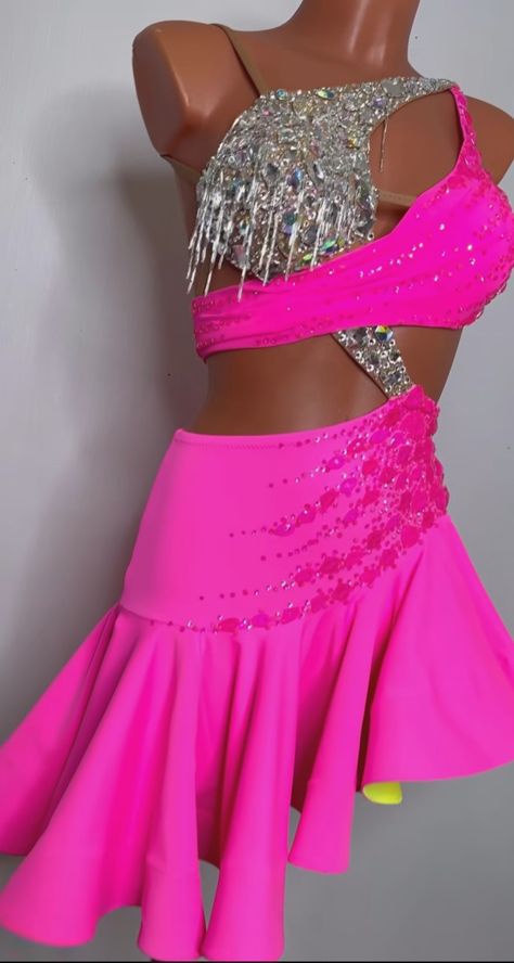 Hot pink 💕 Latin American Dress, Fun Fashion Pageant Outfit, Latino Dress, Latina Dress, Lucy Costume, Ballroom Dress Inspiration, Pink Dress Outfits, Latin Costume, Figure Skating Competition Dresses