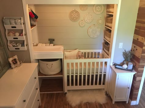 Converted our bedroom closet into a tiny nursery. Nursery In Closet Ideas, Crib Closet Nursery, Crib In Walk In Closet, Nursery Nook In Closet, Reach In Closet Nursery, Tiny Home With Newborn, Nursery In Walk In Closet, Tiny Home Nursery, Mini Nursery Small Spaces