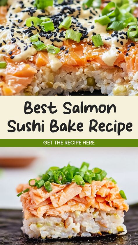 Indulge in a delicious fusion of flavors with this easy-to-make salmon sushi bake. Perfect for a quick dinner or special occasion, this dish combines the richness of salmon with the freshness of sushi flavors. With crispy rice on the bottom and tender salmon on top, every bite is a delightful sensation. Try this recipe today and treat your taste buds to something extraordinary! Recipes Using Salmon Pouches, Salmon Recipes Korean, Salmon And Tofu Recipes, Smoked Salmon And Rice Recipes, Salmon Recipes Baked Healthy Low Carb, Salmon Recipes Raw, Baked Salmon Sushi Casserole, Seared Salmon Sushi, Canned Salmon Sushi Bake