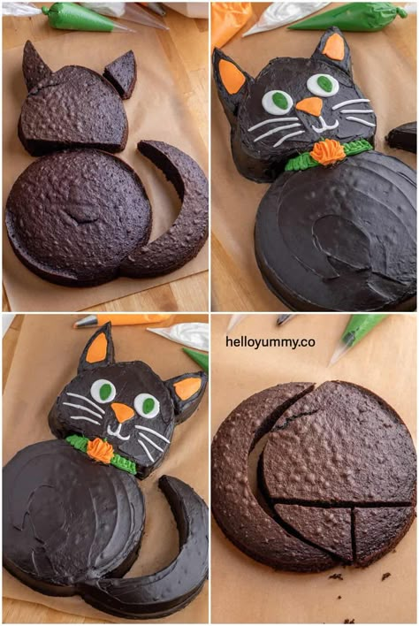 Candy Pour Cake, Black Cat Cake Halloween, Vintage Fall Desserts, Cake Shapes Ideas Simple, Easy Halloween Foods For Kids, Birthday Cake With Cat Theme, Easy Halloween Cake Decorating Ideas, October Bday Cake, Black Cat Dessert