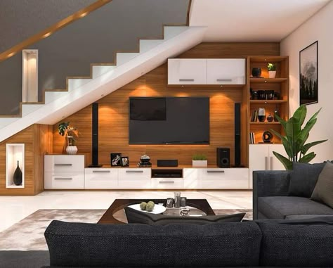 living, koloapp, kerala, interior, furniture, homedecor, tvunit, storage Room With Stairs, Living Room Under Stairs, Staircase In Living Room, Under Staircase, Room Under Stairs, تحت الدرج, Staircase Interior, Staircase Interior Design, Staircase Design Modern