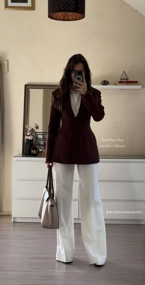 Formal Fits Women Aesthetic, Office Outfits Women Trousers, Beige Classy Outfit, Business Casual Outfits Modest, White And Burgundy Outfit, Burgundy Slacks Outfit Women, Court Outfit Trial, Burgundy Suit Women Outfit, Modest Business Outfits