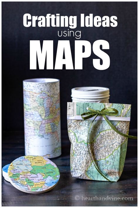 Come see several fun crafts with maps that you can print out and create yourself. Great for gift giving and creating a little beauty for your own home. Crafts With Old Maps, Crafts With Maps, Map Crafts For Kids, Map Diy Projects, Old Maps Crafts, Diy Map Art, Decorating With Maps, Diy Map, Map Ideas