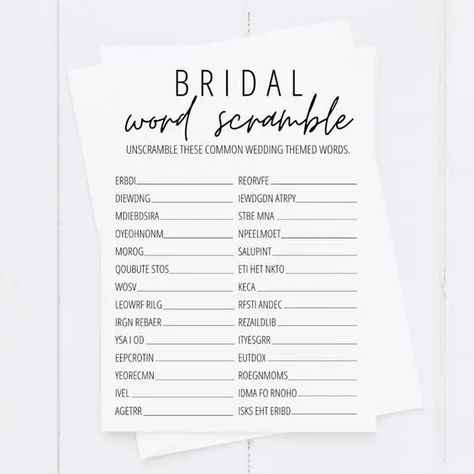 17 Unique and Interactive Bridal Shower Game Ideas - Party & Beyond! Maid Of Honor Duties Checklist, Wedding Word Scramble, Bridal Shower Games Free Printables, Bridal Shower Word Scramble, Bridal Word Scramble, Bridal Shower Game Ideas, Unique Bridal Shower Themes, Free Printable Bridal Shower Games, Bachelorette Party Activities