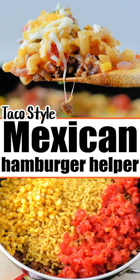 Homemade taco hamburger helper in skillet is here. Add cheese for a taco cheeseburger helper recipe made on the stove. Quick one pot meal. Taco Cheeseburger, Taco Hamburger Helper, Cheeseburger Helper, Mexican Hamburger, Taco Hamburger, Hamburger Helper Beef Stroganoff, Hamburger Hotdish, Hamburger Mac And Cheese, Hamburger Helper Recipe