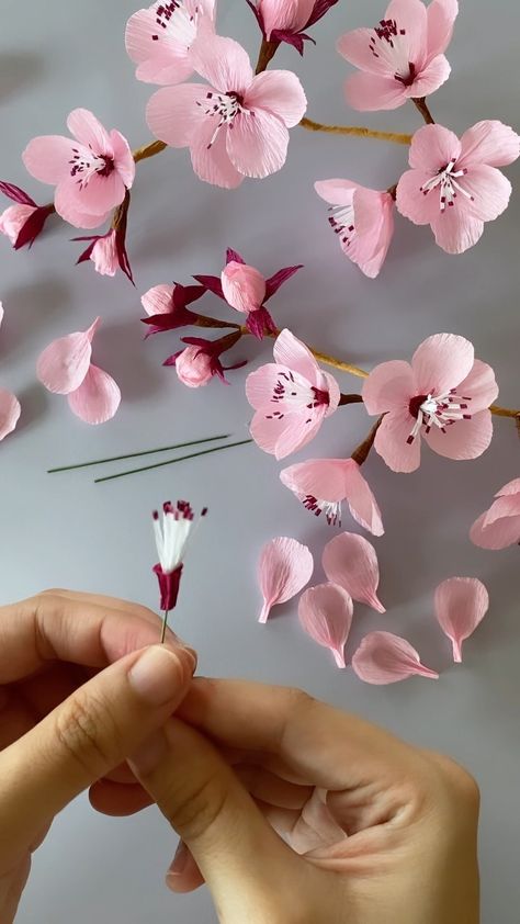 Cherry Blossom Project, Paper Mache Cherry Blossom Tree, Cherry Blossom Craft, Origami Cherry Blossom, Bride Basket, Apple Blossom Flower, Crepe Paper Flowers Diy, Cherry Blossom Theme, Paper Flowers Diy Easy