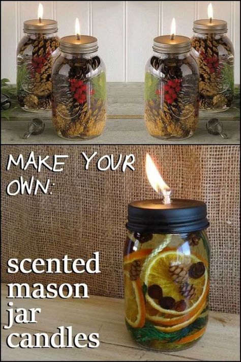 Homemade Oil Candles Mason Jars, Christmas Oil Candles Diy, Diy Oil Candles Mason Jars, Homemade Christmas Candles Diy Gifts, Wooden Bowl Candle Diy, Diy Winter Candles, How To Reuse Candle Jars, How To Decorate Candles, Easy Candle Making Diy