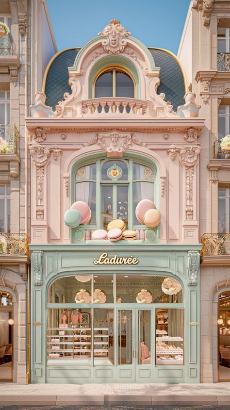 Macaron Shop Design, Paris Architecture Aesthetic, Parisian Storefronts, Paris Pastry Shop, Store Fronts Design, Laduree Aesthetic, Macaron Store, Paris Laduree, Mint Green Room