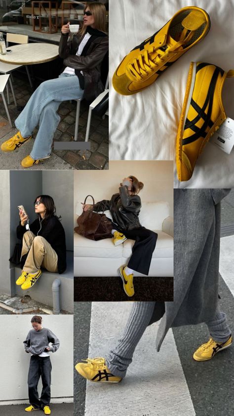 Onitsuka Tiger Women Outfit, Onitsuka Tiger Outfit, Yellow Shoes Outfit, Japan Outfits, Tiger Shoes, Hakama Pants, Cool Girl Outfits, Classic Style Outfits, Adidas Shoes Women