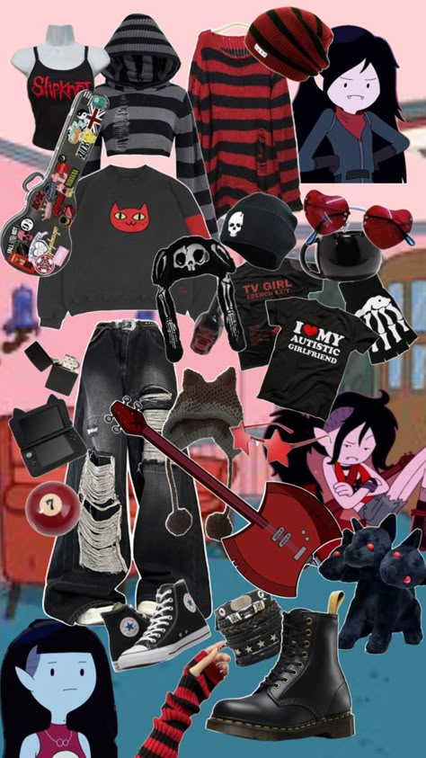 Marceline Aesthetic Outfits, Marceline Inspired Outfits, Halloween Costume Single, Ramona Flowers Outfit, Marceline Costume, Punk Grunge Outfits, Emo Grunge Outfits, Marceline Outfits, Marceline Cosplay