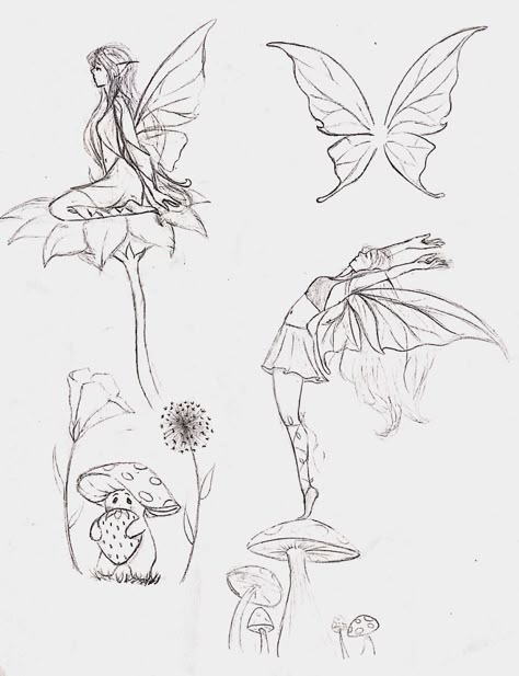 ☾~.~☕️follow me☕️~.~☾ Fairy Reading A Book Drawing, Drawing Fairies Sketches, Sketches Of Fairies, Pixie Wings Drawing, Fairy Sitting On Flower Tattoo, Woodland Fairy Drawing, Fey Drawings, Cute Fairy Drawing Easy, Nature Fairy Drawing