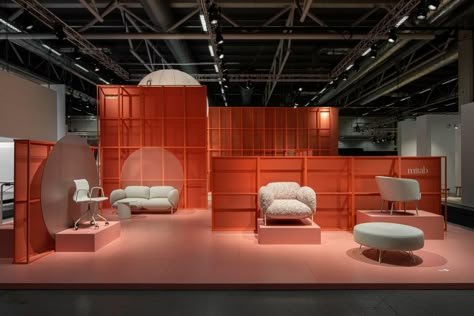 2020 Furniture Exhibitions And Fashion Shows Reimagined With A Mindset Of Re-Use Furniture Exhibition, Sofa And Armchair, Animal Print Pillows, Modular Structure, Large Tables, Exhibition Stall, Showroom Interior Design, Display Area, Stall Designs