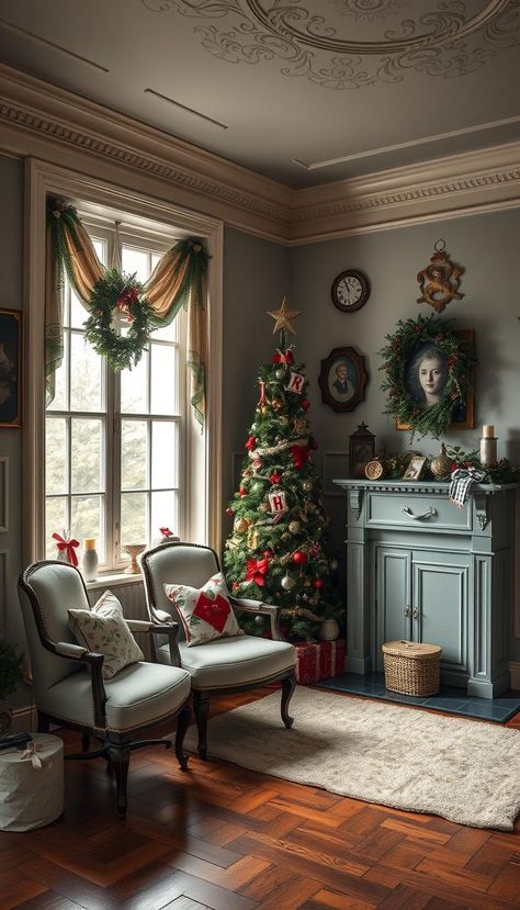 Recreate a Victorian Christmas with ornate decorations, velvet ribbons, and intricate details. Perfect for a luxurious and nostalgic holiday look. 🌲🎁 #VictorianChristmas #ElegantDecor Victorian House Christmas, Victorian Christmas Aesthetic, Victorian Christmas Party, Christmas French Country, Victorian Christmas Decorations, Vintage Christmas Ideas, Victorian Beauty, Victorian Decor, Victorian Christmas