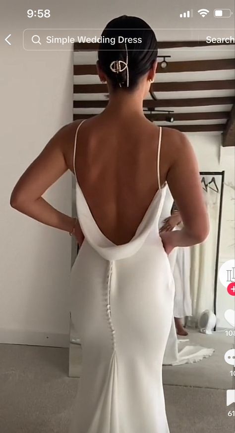 Open Back Wedding Dress With Buttons, Wedding Dress With V Neckline, Plain Backless Wedding Dress, Backless Wedding Dress Curvy, Open Back Wedding Dress With Veil, Fitted Wedding Dress Low Back, La Perle Wedding Dresses, Simple Backless Wedding Dress Open Backs, Swoop Back Wedding Dress