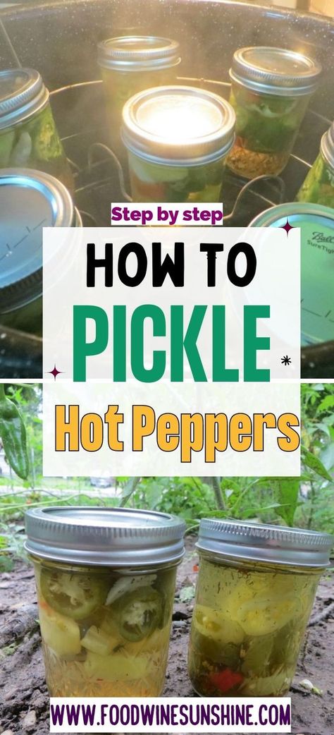 How To Pickle Hot Peppers | Pickling peppers is an easy way to use some of the peppers in your garden. Pickled hot peppers, canned habaneros and jalapenos, are a delicious topping on burgers, sandwiches or even on their own. | Food Wine Sunshine #canning #peppers #pickling #gardening #hotpeppers How To Pickle Cayenne Peppers, How To Can Hot Peppers From Garden, How To Can Poblano Peppers, Canned Habanero Peppers, Pickled Hungarian Wax Peppers, How To Can Sweet Peppers, Pickled Anaheim Peppers, Pickled Hot Peppers Recipes, Canning Pepperoncini Peppers