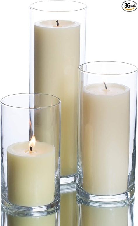 Amazon.com: Set of 36 Glass Eastland Cylinder Vases and 36 Ivory Richland Pillar Candles 3" : Home & Kitchen Christmas Eve Decorations, Birch Candles, Corporate Events Decoration, Glass Vase Decor, Parisian Interior, Bee Free, Glass Cylinder Vases, Wedding Floral Centerpieces, Cylinder Vase