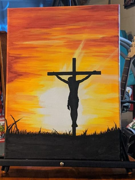 101 Easy Acrylic Painting Ideas for Beginners on Canvas | ACRYLIC PAINTING SCHOOL Godly Canvas Painting, 3 Crosses Painting, Sunset With Cross Painting, Painting Cross Ideas, Acrylic Christian Painting Ideas, Sunshine Acrylic Painting, Landscape Ideas Painting Sunset, Paintings Of Crosses On Canvas, Canvas Cross Painting